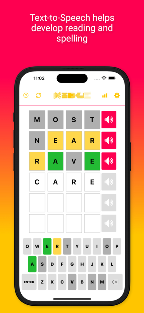 Kidle - Interfaccia dell'app Kidle che mostra un gioco di indovinelli di parole con una funzione di sintesi vocale per bambini.