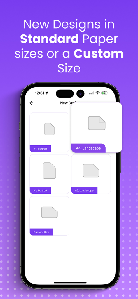 Interface mostrando opções de tamanho de papel A4, A3 e personalizado para projetar camisetas no aplicativo