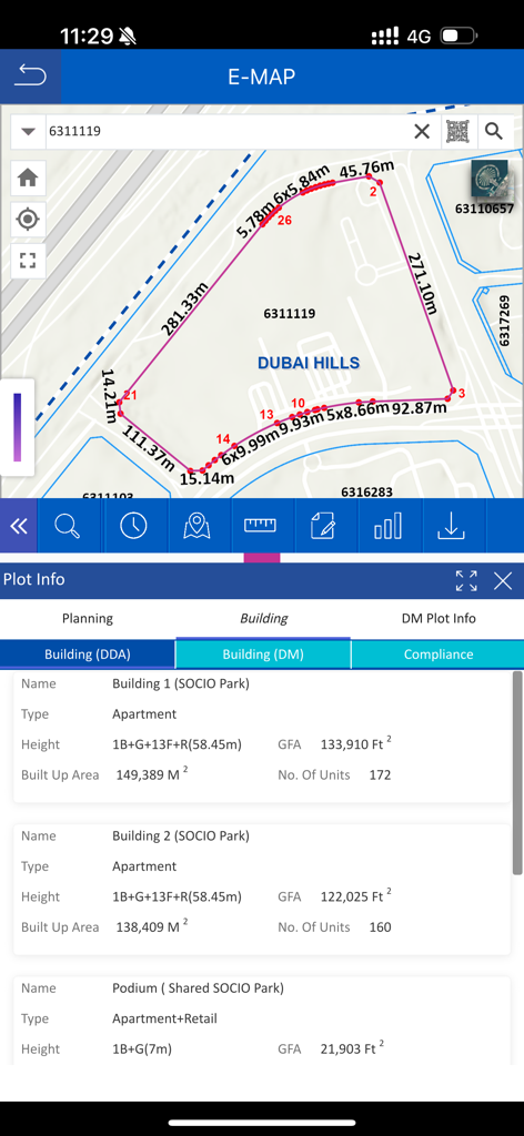DDA GIS Portal - DDA GIS Portal app interface displaying map measurements and building data for a plot in Dubai Hills