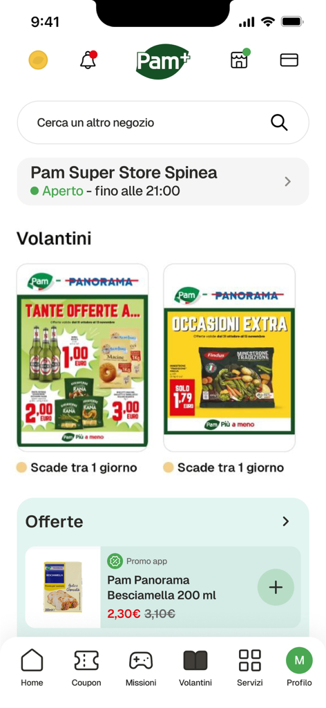 Pam Perte Plus - Home screen of the Pam Perte Plus app featuring digital flyers, personalized grocery offers, and navigation for coupons and missions.
