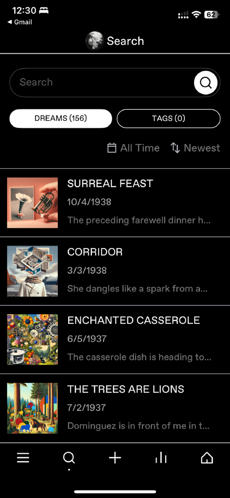 Elsewhere Dream Journal - Search screen of Elsewhere Dream Journal displaying a list of recorded dreams with AI-generated thumbnails and titles.