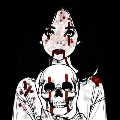 realistic girl holding a skull