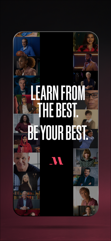 A collage of celebrity instructors on the MasterClass app with the slogan Learn from the best Be your best