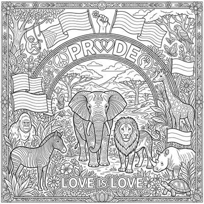 Dive into a vibrant celebration of diversity and nature with this unique coloring page, blending magnificent wildlife with the powerful message of Pride Month. Express your creativity by bringing to life elephants, lions, and more, all while honoring 'Love is Love' themes.