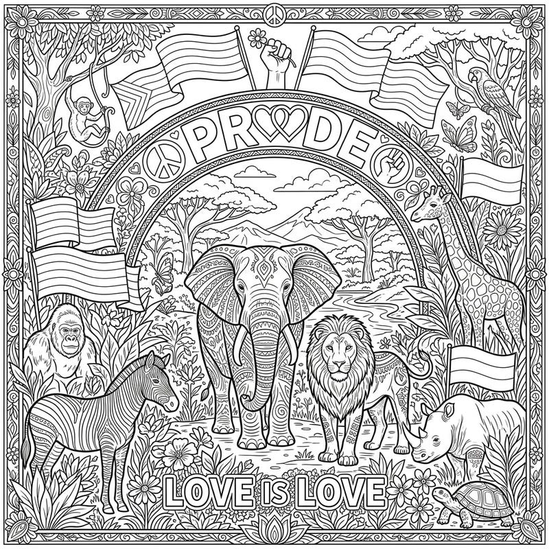 Dive into a vibrant celebration of diversity and nature with this unique coloring page, blending magnificent wildlife with the powerful message of Pride Month. Express your creativity by bringing to life elephants, lions, and more, all while honoring 'Love is Love' themes.