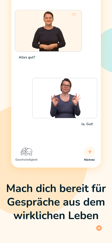 yoDGS - Gebärdensprache - Interfaz de la aplicación móvil yoDGS que muestra lecciones basadas en video de Lengua de Signos Alemana con frases de conversación.