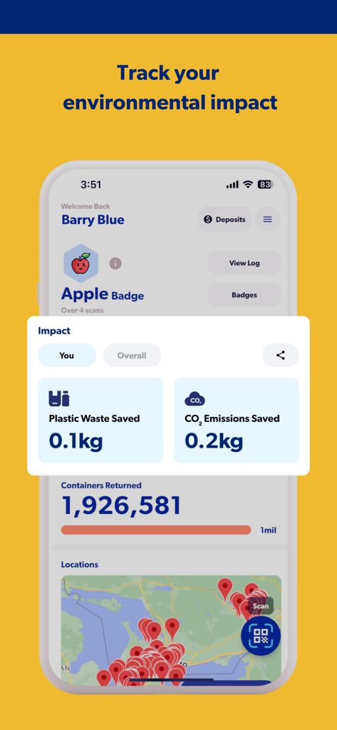 Friendlier - Mobile app screen showing environmental impact metrics for plastic waste and CO2 emissions saved
