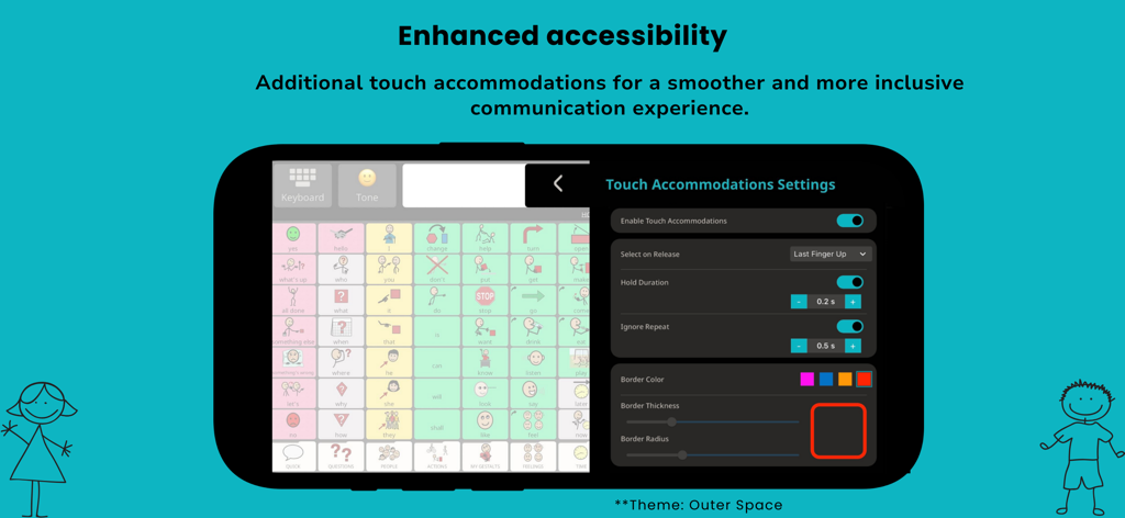 Avaz AAC - Avaz AAC app interface showing touch accommodation settings and a communication board with symbols in the Outer Space theme.