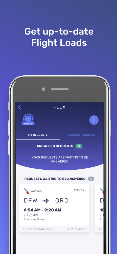 Mobile app interface of ID90 Travel showing up-to-date flight loads and standby travel requests for airline employees.