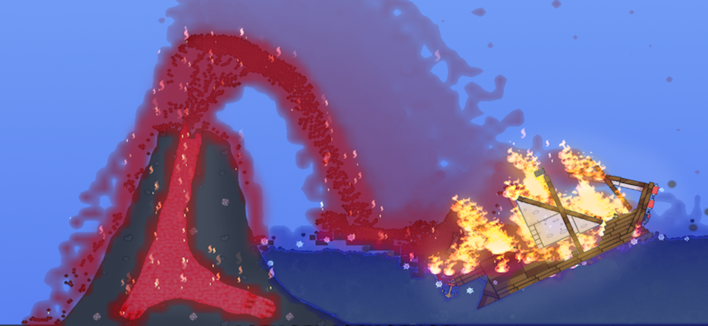 Water Box: Sandbox Playground - A volcano erupting lava onto a burning ship in a physics-based sandbox simulation