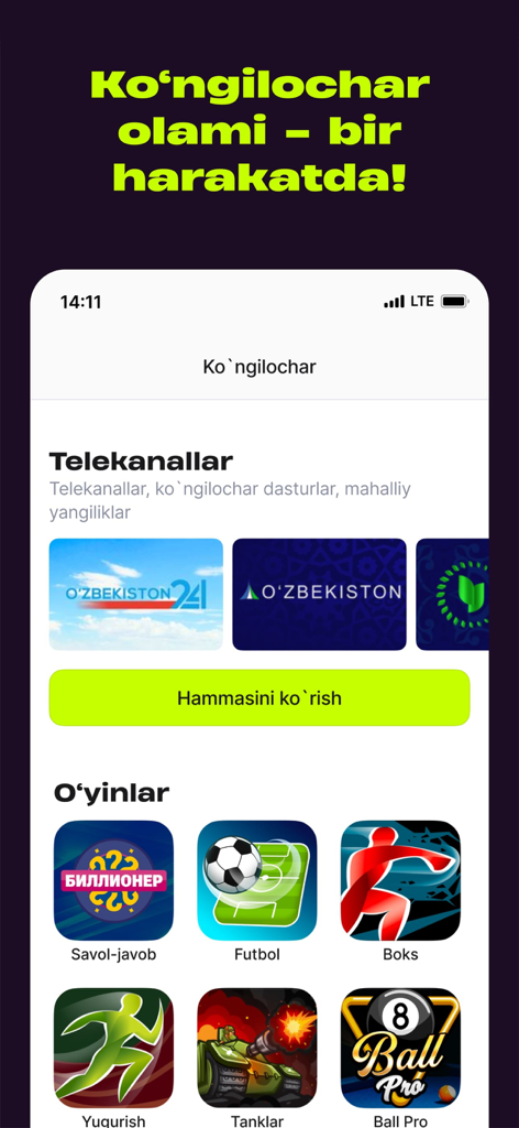 hambi (Beeline Uzbekistan) - Hambi app entertainment section featuring Uzbek TV channels and various mobile games