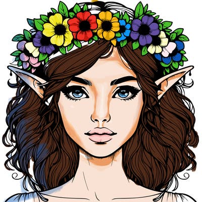 realistic female elf with flower crown