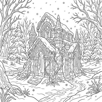 Discover the serene beauty of ancient temple ruins enveloped in a breathtaking winter wonderland. This intricate coloring page invites you to bring a forgotten frozen world to life with your favorite colors.