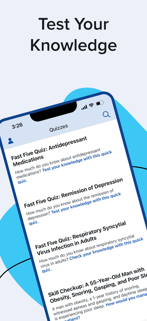 Medscape mobile app interface displaying medical quizzes for healthcare professionals