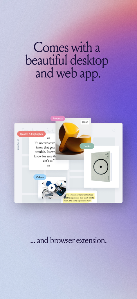 A preview of the mymind desktop and web app interface displaying visual bookmarks and content categories