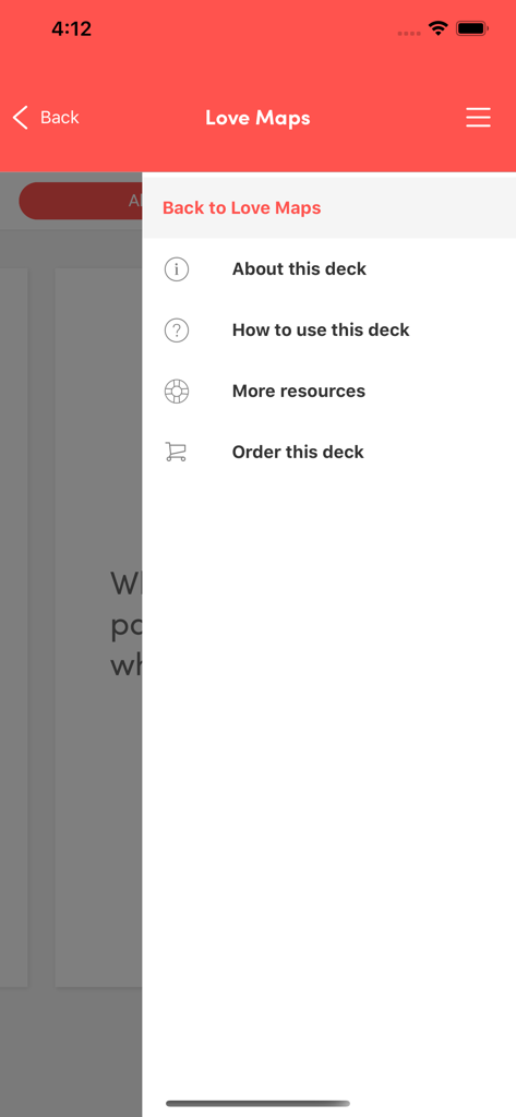 Gottman Card Decks app menu showing options for the Love Maps deck