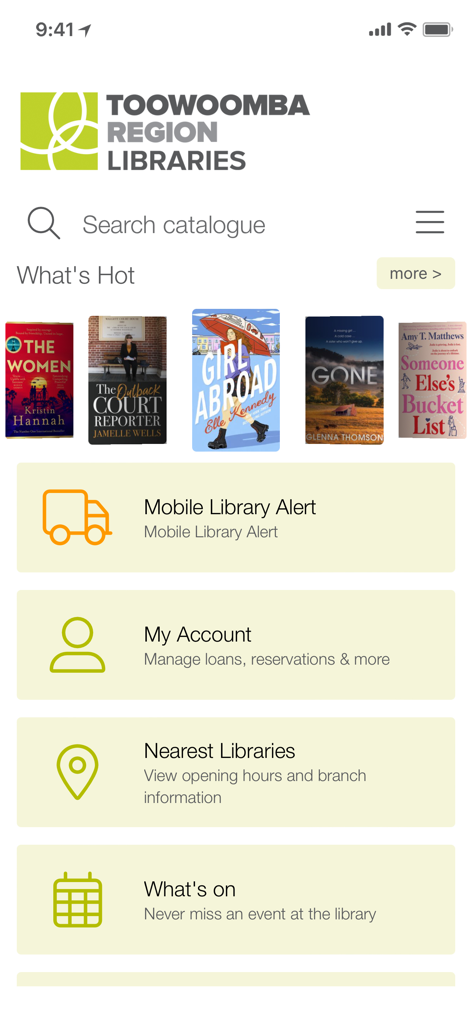 Home screen of the Toowoomba Region Libraries mobile app featuring book search and account management tools