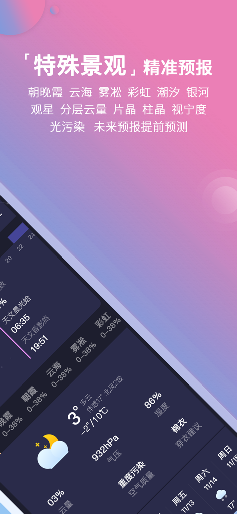 莉景天气 - Interfaz de la aplicación Lijing Weather mostrando predicciones precisas para paisajes especiales como el amanecer y la Vía Láctea