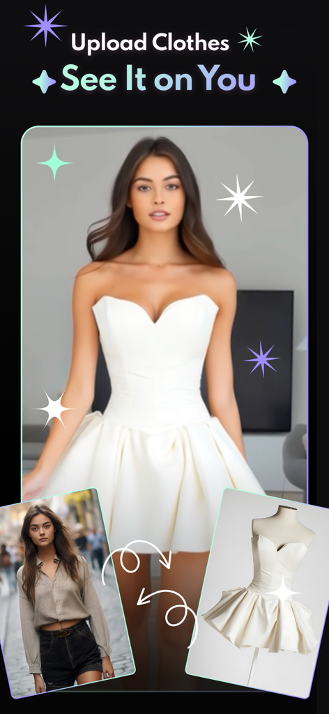 FaceVibe - AI Photo & Video - Recurso de experimentação virtual com IA mostrando uma mulher trocando sua roupa casual por um elegante vestido branco