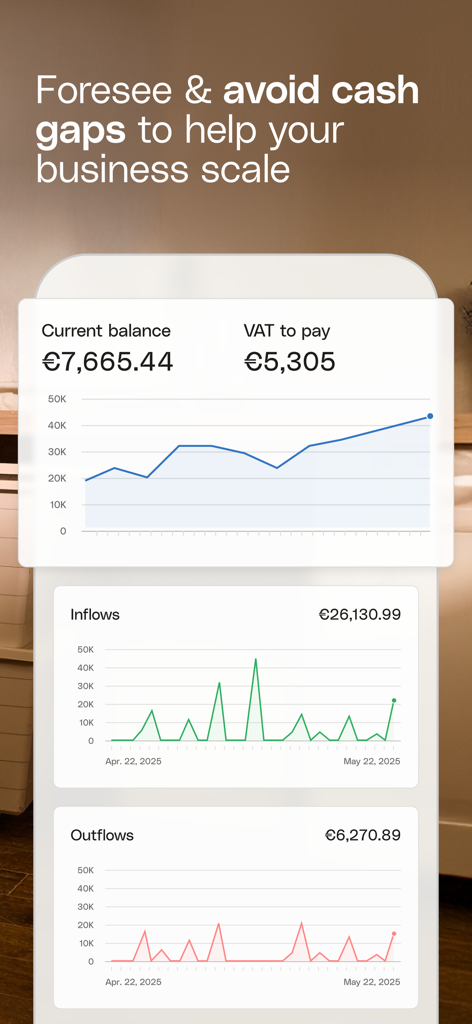 Qonto business finance app dashboard showing cash flow forecasts and inflow and outflow graphs.