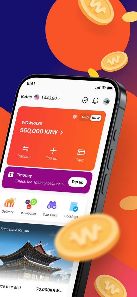 WOWPASS: Go Cashless in Korea - WOWPASS mobile app dashboard showing KRW balance, Tmoney card management, and local travel services in Korea.