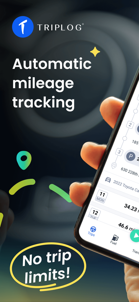 Mileage Tracker App by TripLog - Smartphone displaying the TripLog app interface for automatic mileage tracking with no trip limits