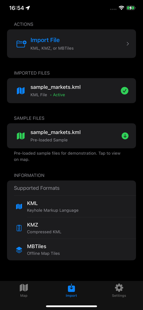 KMZ, MBTiles Viewer - Tela de importação do aplicativo visualizador de mapas mostrando formatos de arquivo suportados, incluindo KML KMZ e MBTiles