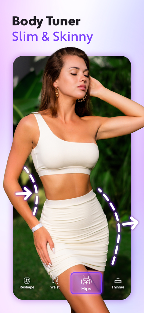 Cosmo: AI Editor, Hair Filters - Pantalla del editor Cosmo AI mostrando la herramienta 'body tuner' para adelgazar y remodelar las caderas