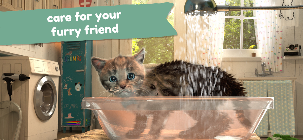 A small kitten getting a bath in a basin with the caption care for your furry friend.