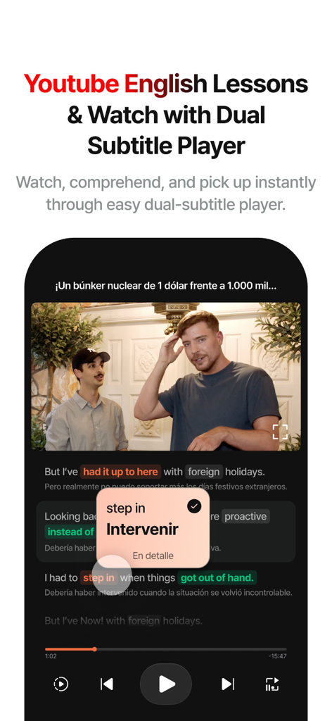 Langflixモバイルアプリ。YouTube動画で英語学習用のデュアル字幕と語彙検索を表示。