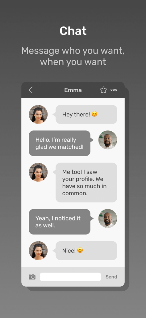 두 사용자 간의 메시지 대화를 보여주는 과부 앱 데이트의 채팅 인터페이스입니다.