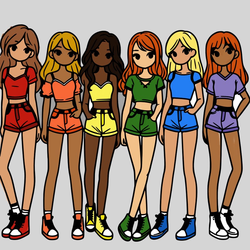 a group of girls wearing crop tops and shorts