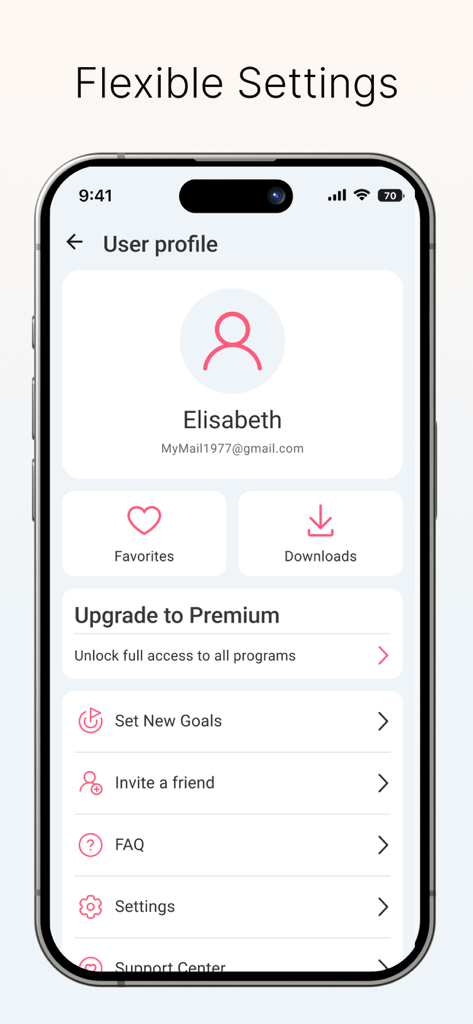 FaceTone: Face Fitness & Yoga - FaceTone app user profile screen showing flexible settings favorites and premium subscription options