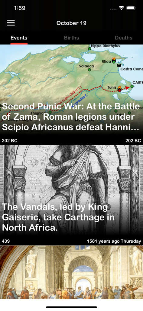 A screenshot of the Today in History app displaying major historical events for October 19 including the Battle of Zama and the Vandals taking Carthage