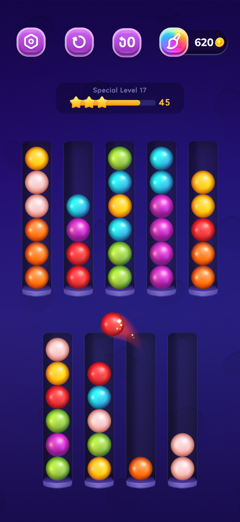 Ball Sort - Color Puzzles - Gameplay of Ball Sort Color Puzzles showing colored balls being sorted into tubes.