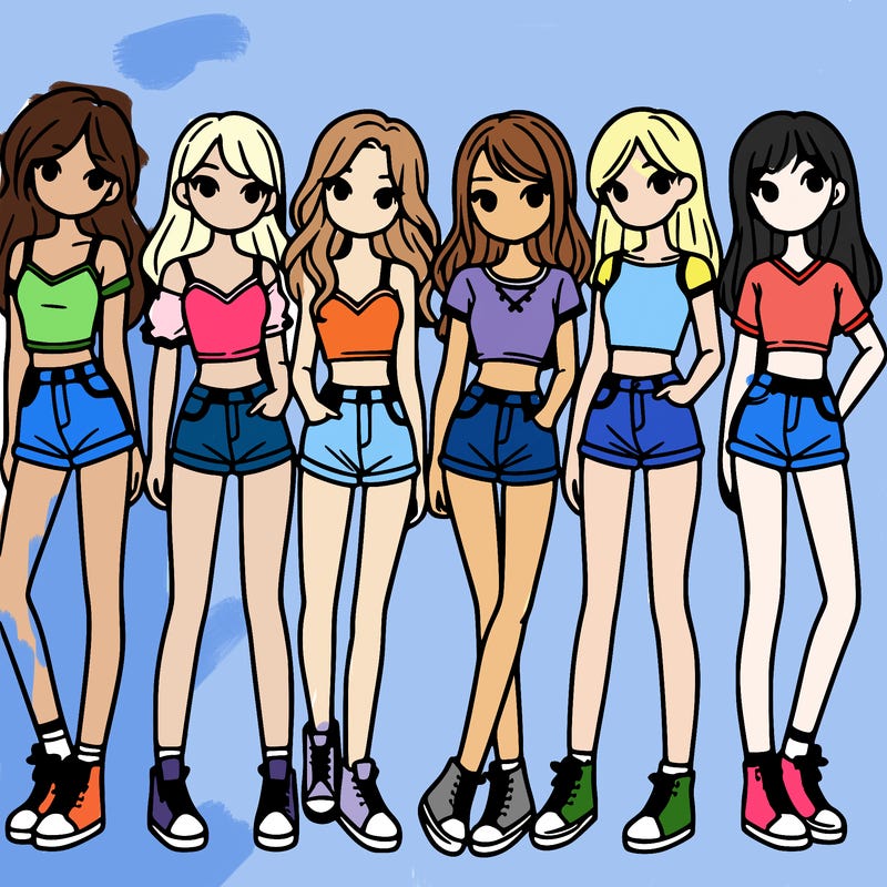 a group of girls wearing crop tops and shorts