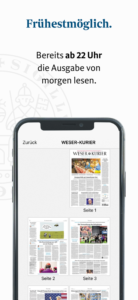 WESER-KURIER E-Paper - Interface de l'application mobile WESER-KURIER E-Paper montrant les pages numériques de la prochaine édition du journal