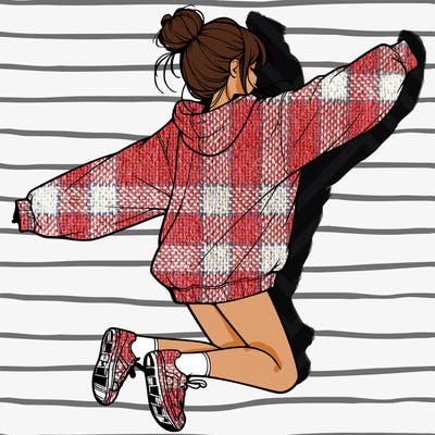 realistic girl jumping with a bun and oversized sweatshirt