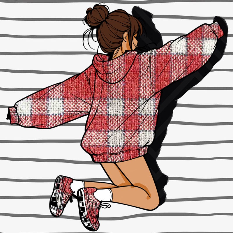 realistic girl jumping with a bun and oversized sweatshirt