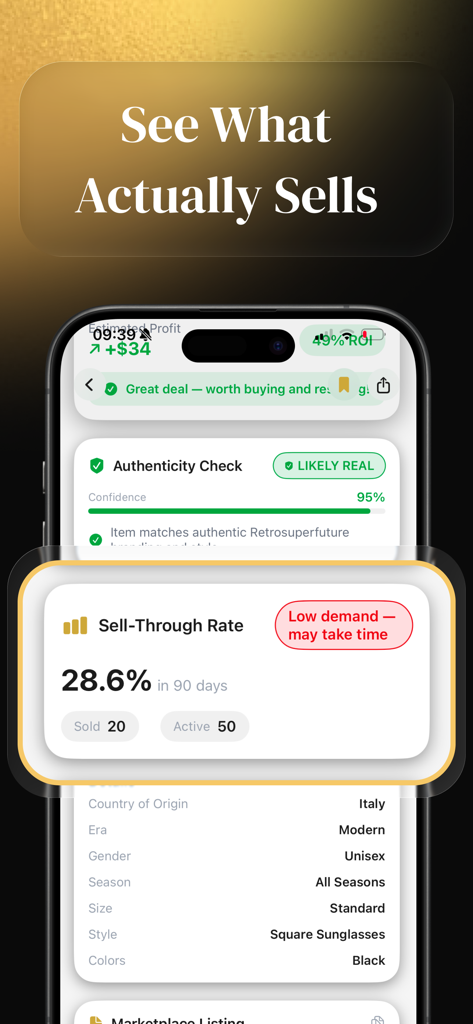 Thriftly: Profit Identifier - Thriftly app screen showing sell through rate and market demand analysis for thrifted items