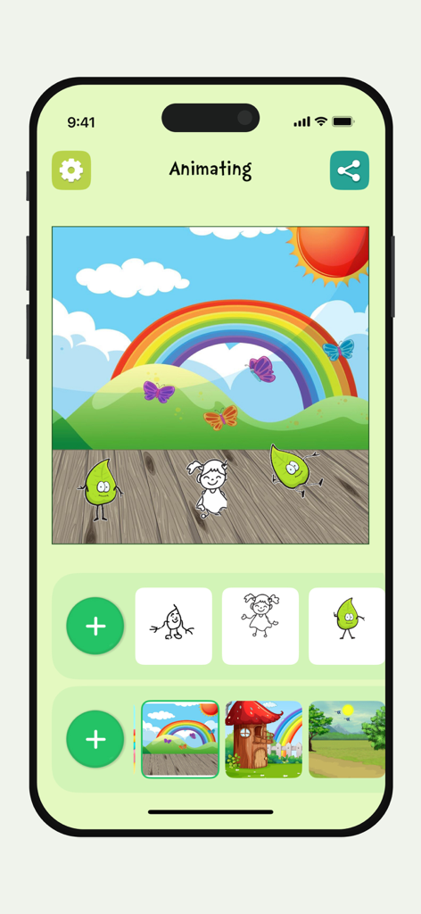 Ai Animation: Animate Drawings - Interfaz de la aplicación Animación IA que muestra una escena colorida con personajes animados dibujados a mano y varias opciones de fondo