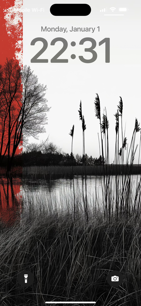 Art Blast - Wallpapers 4K - An artistic iPhone lock screen with a black and white landscape wallpaper and a red brushstroke detail