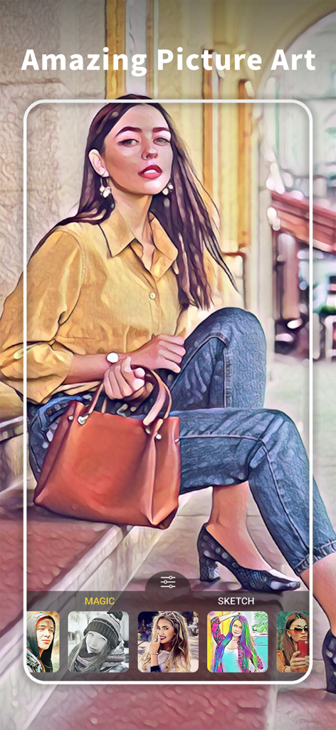 ArtistA: Cartoon Photo Editor - Un retrato de mujer editado con un efecto de filtro artístico de pintura al óleo en la interfaz de la app ArtistA