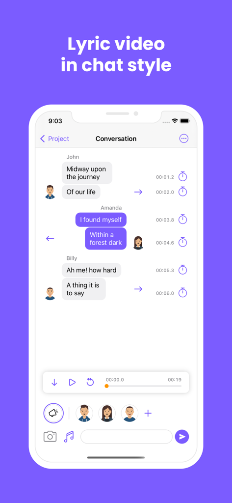 TypeStory - TypeStory app interface showing a chat-based lyric video creation with character avatars and timed message bubbles
