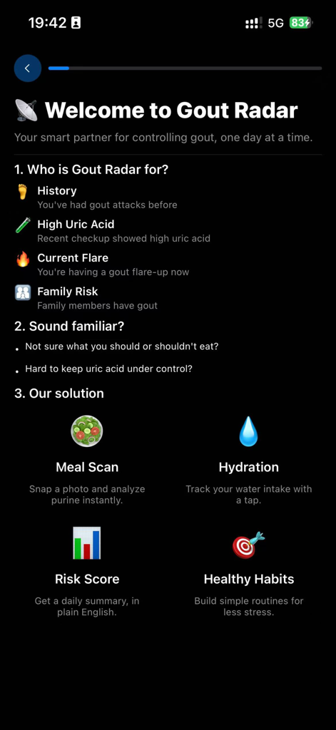 Welcome screen of the Gout Radar app explaining features like meal scanning and risk tracking.