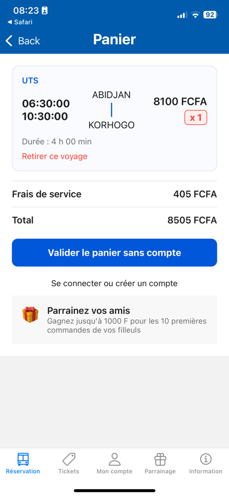 Transap - Tela de checkout do aplicativo Transap mostrando uma reserva de passagem de ônibus de Abidjan para Korhogo