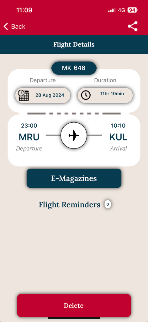 Air Mauritius mobile app interface displaying flight details for a flight from Mauritius to Kuala Lumpur