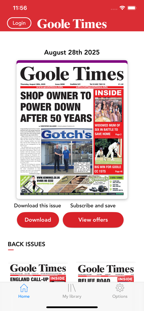 Pantalla de inicio de la aplicación móvil Goole Times mostrando la edición digital del periódico y las opciones de suscripción