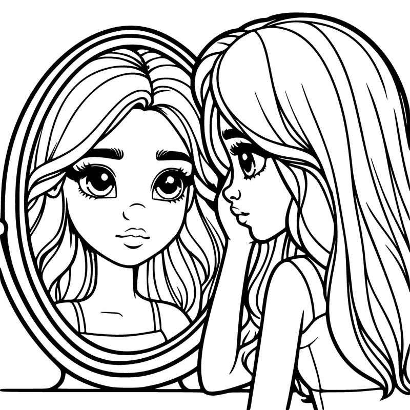 realistic girl looking in a mirror