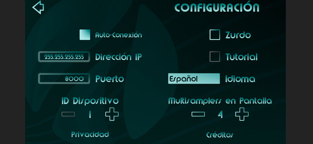 Der Konfigurationsbildschirm der Aglaya Play Control App mit Netzwerkeinstellungen und Benutzereinstellungen